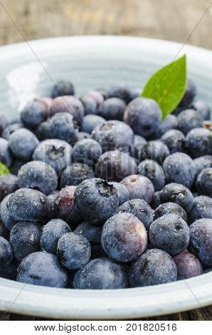Fresh blueberry in bowl on wood table