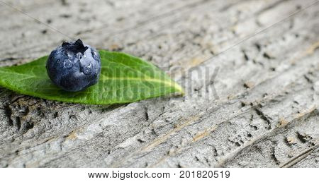 Fresh blueberry on leaf and old wood table