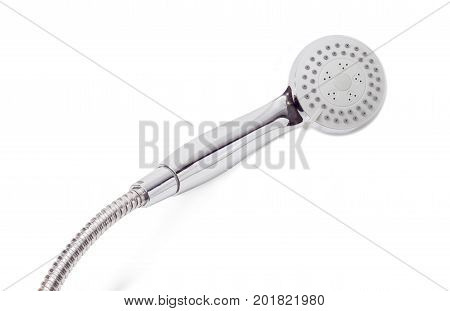 Eco shower head with the turn lever of a spray settings and metal shower hose on a white background
