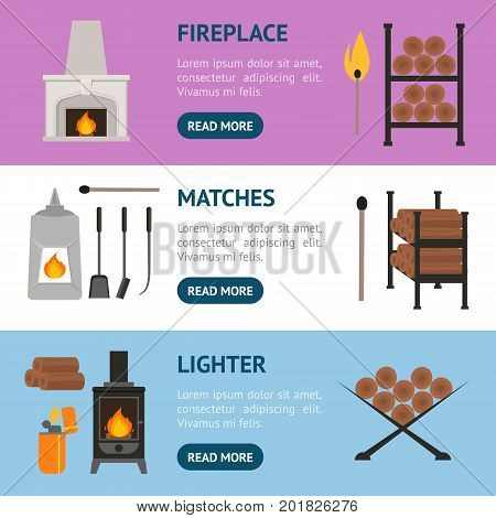 Cartoon Colorful Fireplace Banner Horizontal Set Flat Style Design for Web. Vector illustration