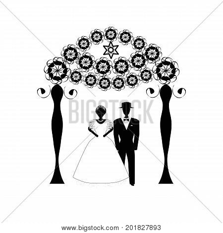 Vintage Graphic Chuppah. Arch for a religious Jewish Jewish wedding. The bride and groom under a canopy. Vector illustration on isolated background