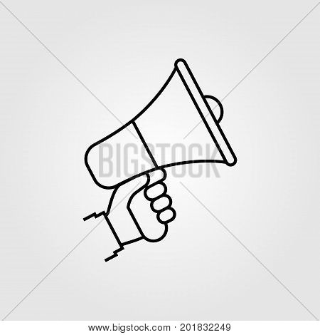 Hand holding megaphone. Isolated icon on white background. Modern minimal design with a line. Speaker, loudspeaker silhouette. Vector illustration. Advertising and promotion symbol.