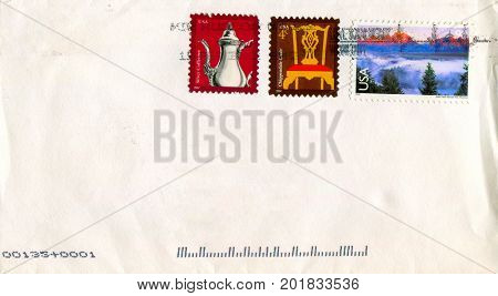 GOMEL, BELARUS - AUGUST 12, 2017: Old envelope which was dispatched from USA to Gomel, Belarus, August 12, 2017. 