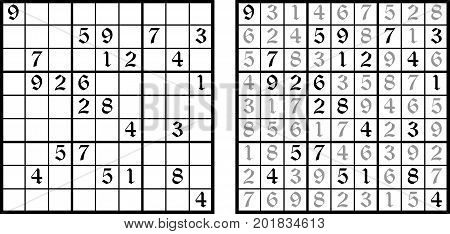 Sudoku game. Task for logic. Mathematical puzzle with the answer.