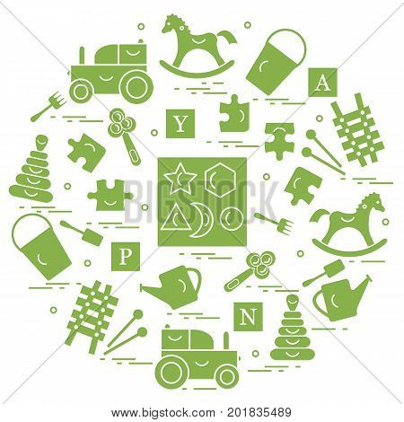 Cute Vector Illustration With Variety Of Children's Toys Arranged In A Circle.  Rocking Horse, Cubes