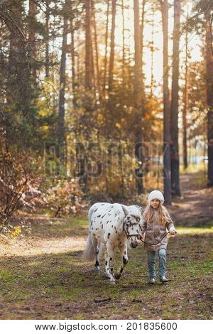 Little Cute Girl Walking With A Pony In The Autumn Forest