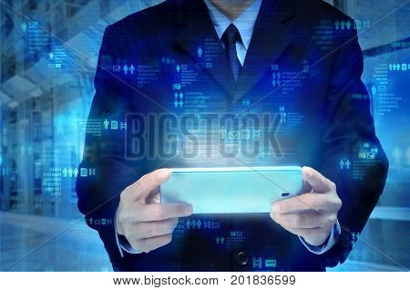 Businessman accessing social nework software platform on his tablet