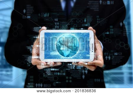 Businessman showing social nework software platform on his tablet