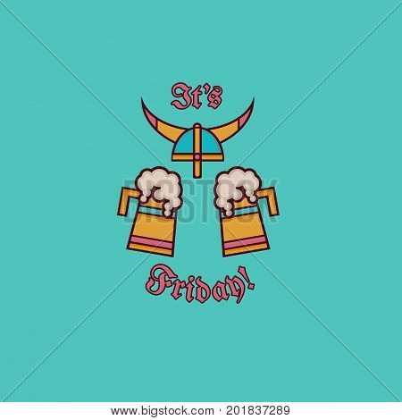 Two beer glasses and warrior horned helmet illustration with quote It's Friday. Ale mug and viking helm image. Vector flat line illustration. Concept for poster, banner, flyer, cloth design.