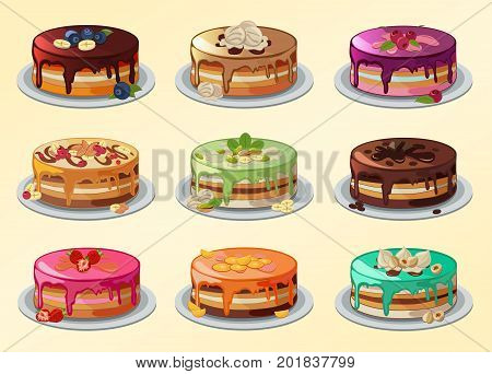 Big set of cakes with different flavours in cartoon design style. Vector illustration of festive cakes on isolated background.