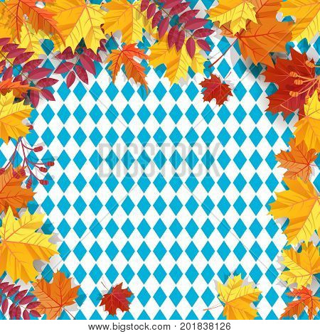 Autumn leaves frame background pattern of blue diamonds. Traditional fall Oktoberfest background. National German autumn beer festival design.Cartoon flat style vector illustration