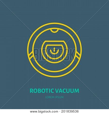 Robotic vacuum cleaner flat line icon, logo. Vector illustration of household appliance for housework equipment shop or cleaning service.