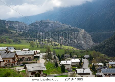Panoramic view of Avrieux and Alps the highest and most extensive mountain range system that lies entirely in Europe