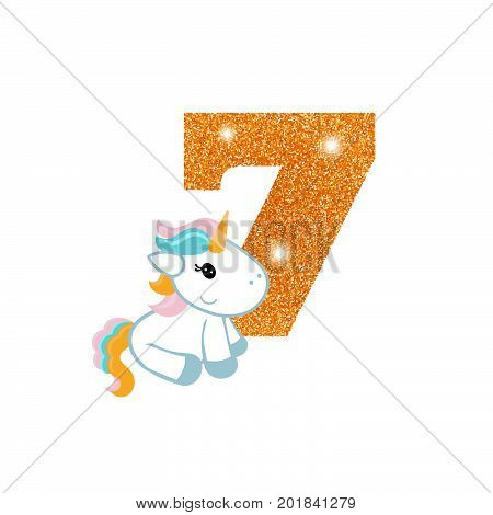 Gold glittering number seven. Birthday anniversary number with cute unicorn. Birthday template with unicorn for greeting cards, invitations.