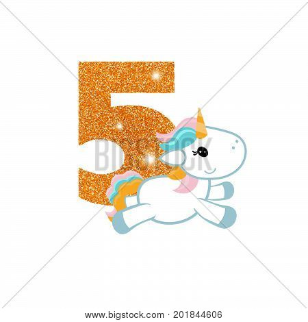 Gold glittering number five. Birthday anniversary number with cute unicorn. Birthday template with unicorn for greeting cards, invitations.