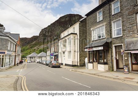 Blaenau Ffestiniog Wales UK - August 22 2017: Mountains towering above the Welsh town of Blaenau Ffestiniog famous for it's slate mines and situated within the Snowdonia National Park