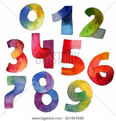 Bright raster hand drawn set with watercolor digits drawing with brush and gradient colors. Grainy illustration for count and decoration.