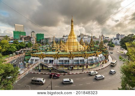 Yangon, Myanmar - September 27, 2016: Sule pagoda in Yangon, Myanmar