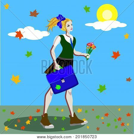 School girl in uniform with ponytails and bouquet going to school along the road with marple leaves. Vector illustration