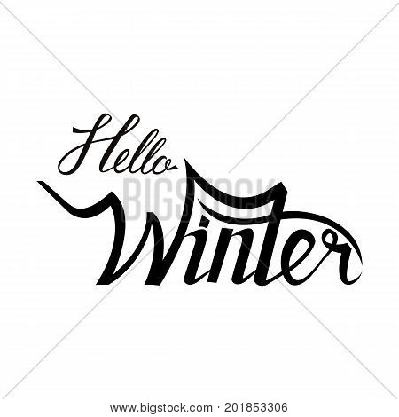 Hello winter brush lettering calligraphy on white isolated. er text for cards, invitations, templates with hand drawn lettering