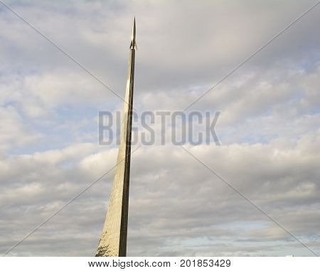 MOSCOW RUSSIA - AUGUST 2017 - Monument Conquerors of Space as a stelae with a rocket at the top
