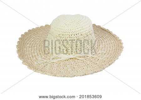 Woven beige hat decorated with rope, isolated on a white background.