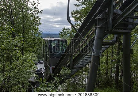 UKKO-KOLI HILL, FINLAND ON JULY 05. View of the lift, elevator between the parking lots and Break Sokos Hotel on July 05, 2017 in Ukko-Koli Hill, Finland. The surrounding. Editorial use.