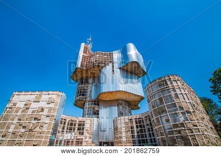 Petrova gora, Croatia, August 27, 2017: Socialist memorial of people's uprise against fascism in World War II on Petrova gora mountain in Croatia, built 1970-1980, design by sculptor Vojin Bakic