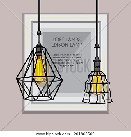 Poster with stylish, modern, geometric, designer chandeliers. Lamps Edison in the background of a frame for paintings or photos, there is a place for placing text.
Loft, vintage lamps hanging free