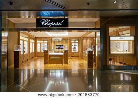 DOHA, QATAR - CIRCA MAY, 2017: Chopard store at Hamad International Airport of Doha. Chopard is a Swiss watchmaker and jewellery maker.