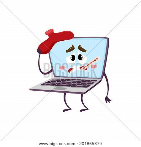 vector flat cartoon funny laptop humanized male character with arms, legs and face holding termometer in mouth, suffering from headache . Isolated illustration on a white background.