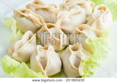 Frozen Dumplings On The White Plate With Green