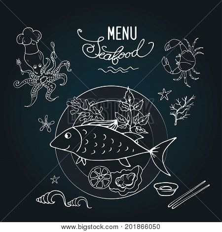 Seafood And Fish On A Plate, Black Board Background