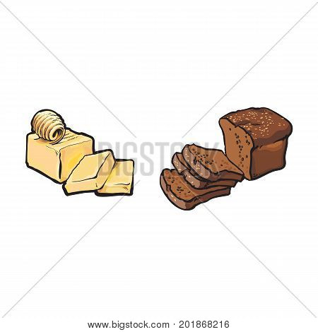 Vector sketch cartoon bar of butter with slices and curl, bround square bread leaf set. Isolated illustration on a white background. Healthy food dairy products, natural dieting concept