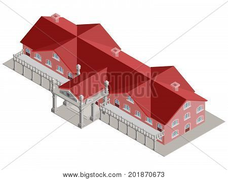 administrative building isometric vector with red roof and columns