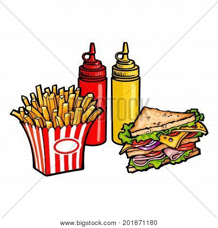 Vector sketch sandwich with vegetables, mustard sauce, ketchup squeeze bottles, potato fry, french fries on striped paper box . Fast food flat cartoon isolated illustration on a white background.
