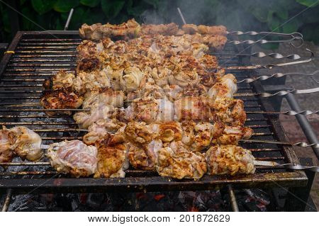 Preparation of a fresh delicious shish kebab from a chicken on skewers.