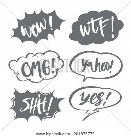 Hand drawn comic speech bubbles and calligraphy set with different emotions and text Wow WTF OMG Shit Yes Yahoo Vector bright dynamic cartoon illustrations isolated on white background.