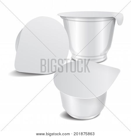 Set of Vector round white glossy plastic pot with foil cover for dairy products yogurt, cream, dessert or jam. Vector realistic packaging mockup template for your design