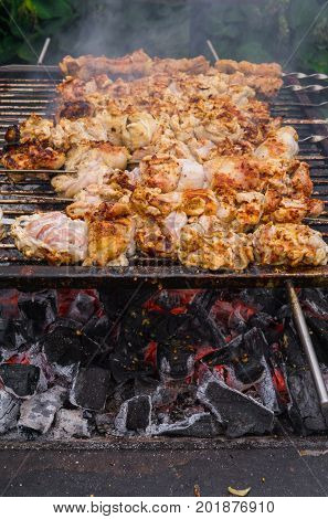Preparation of a fresh delicious shish kebab from a chicken on skewers.
