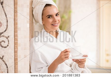 Woman Drinking Tea After Spa
