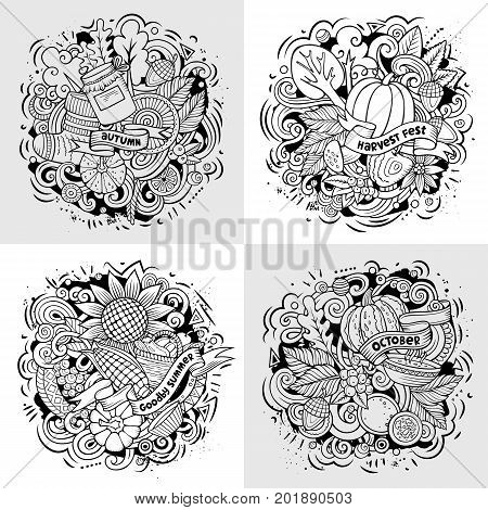 Autumn cartoon vector doodle illustration. Line art detailed designs with lot of separate objects and symbols. 4 composition set
