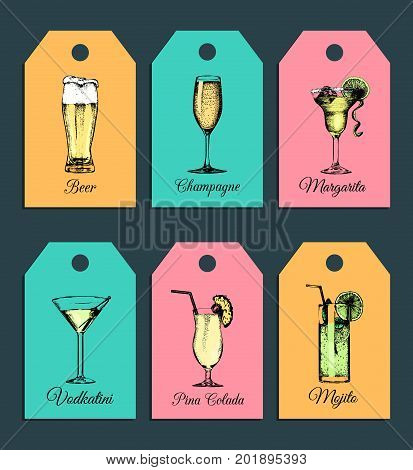 Hand sketched alcoholic beverages and cocktails glasses tags or labels. Vector drinks illustrations set of pina colada, margarita, mojito, vodkatini, champagne, beer isolated.