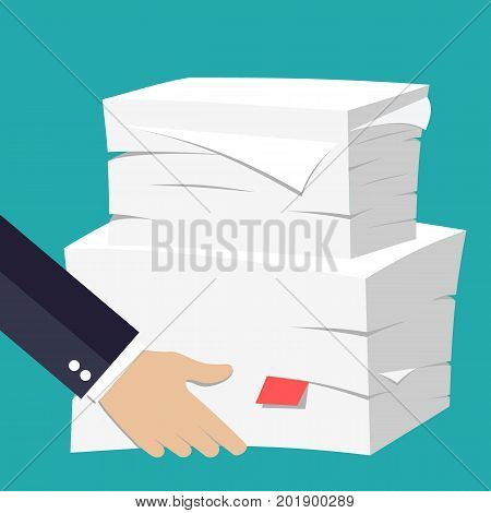 hand hold Stack of papers. Office and emailing. Daily routine. Paperwork. Vector illustration in flat style
