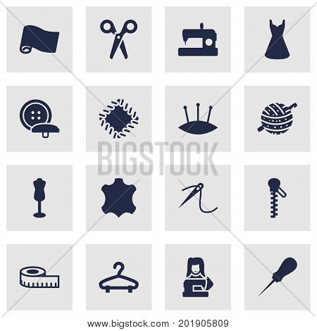Collection Of Fastener, Evening Gown, Skin And Other Elements.  Set Of 16 Tailor Icons Set.