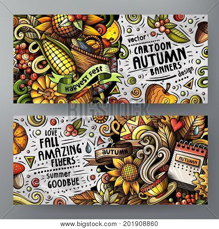 Cartoon cute colorful vector doodles Autumn corporate identity. 2 horizontal banners design detailed with lots of separated objects. Templates set