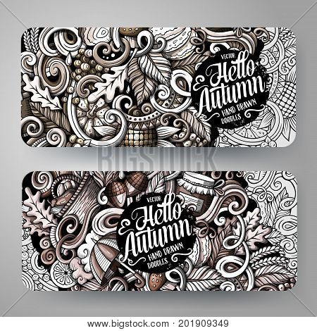 Cartoon graphics monochrome vector hand drawn doodles Autumn season corporate identity. 2 id cards design. Templates set