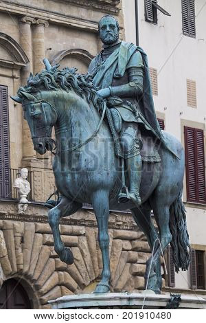 FLORENCE, ITALY - JULY 25, 2017: Piazza della Signoria (Equestrian statue of Cosimo I de 'Medici - Giambologna opera) Tuscany