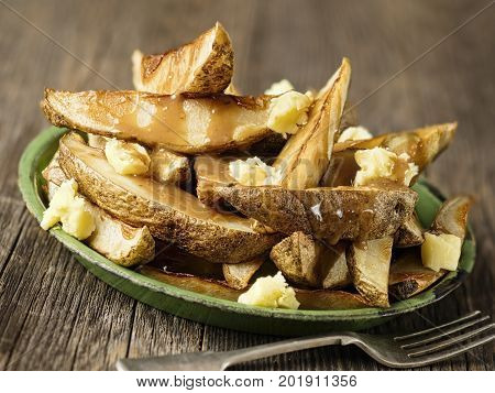 close up of rustic canadian quebecois poutine