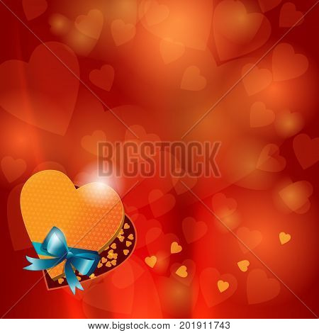 Romantic bright background with bokeh and heart shaped gift box and blue bow in corner flat vector illustration